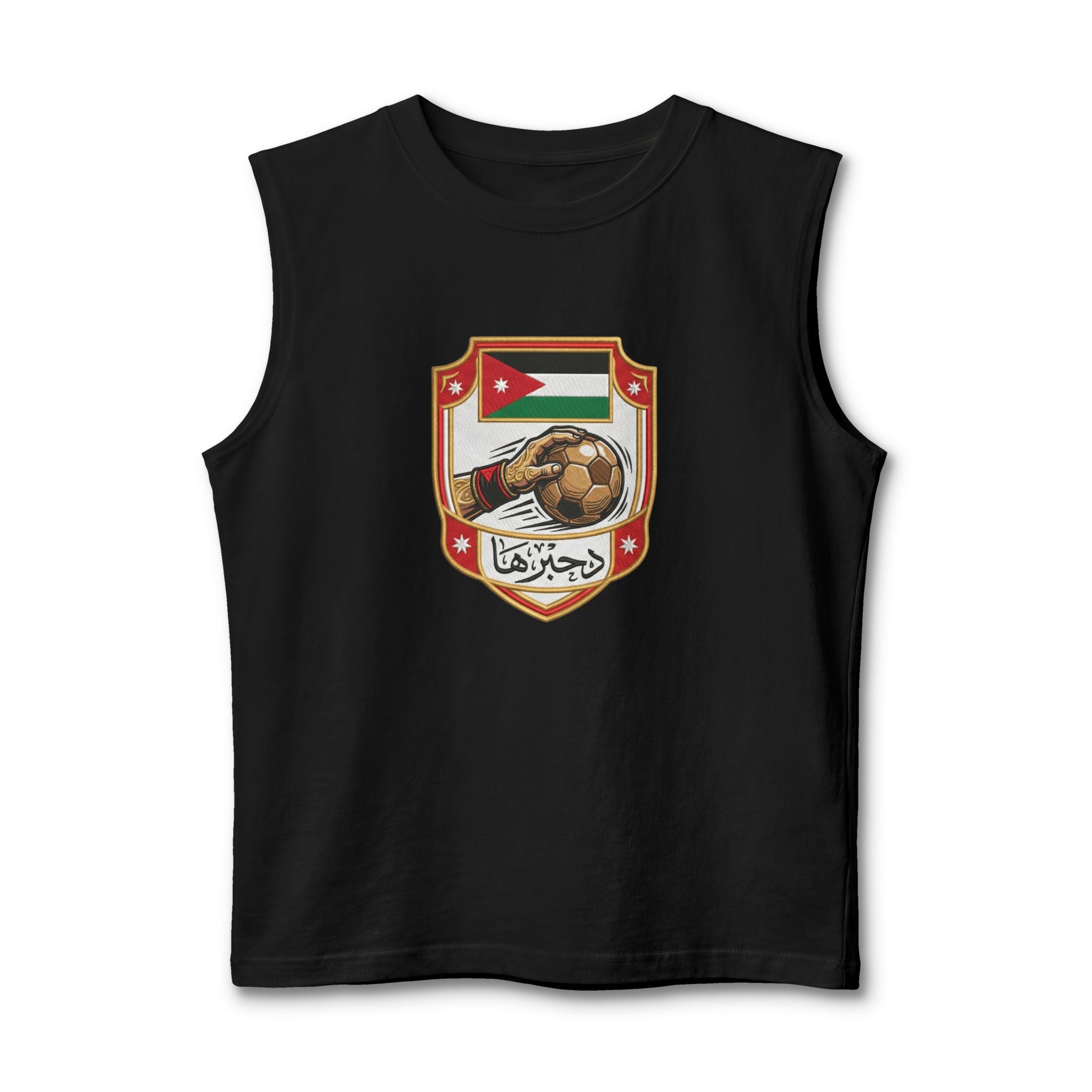 Jordan Football Crest Muscle Tank — Arabic 'الجزيرة' Soccer Emblem with Lion Back Graphic