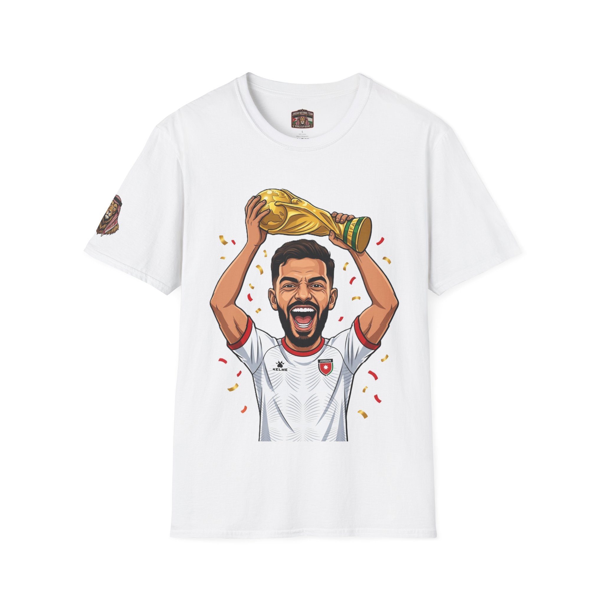 Soccer Champion T-Shirt — Player Lifting Trophy Graphic Tee