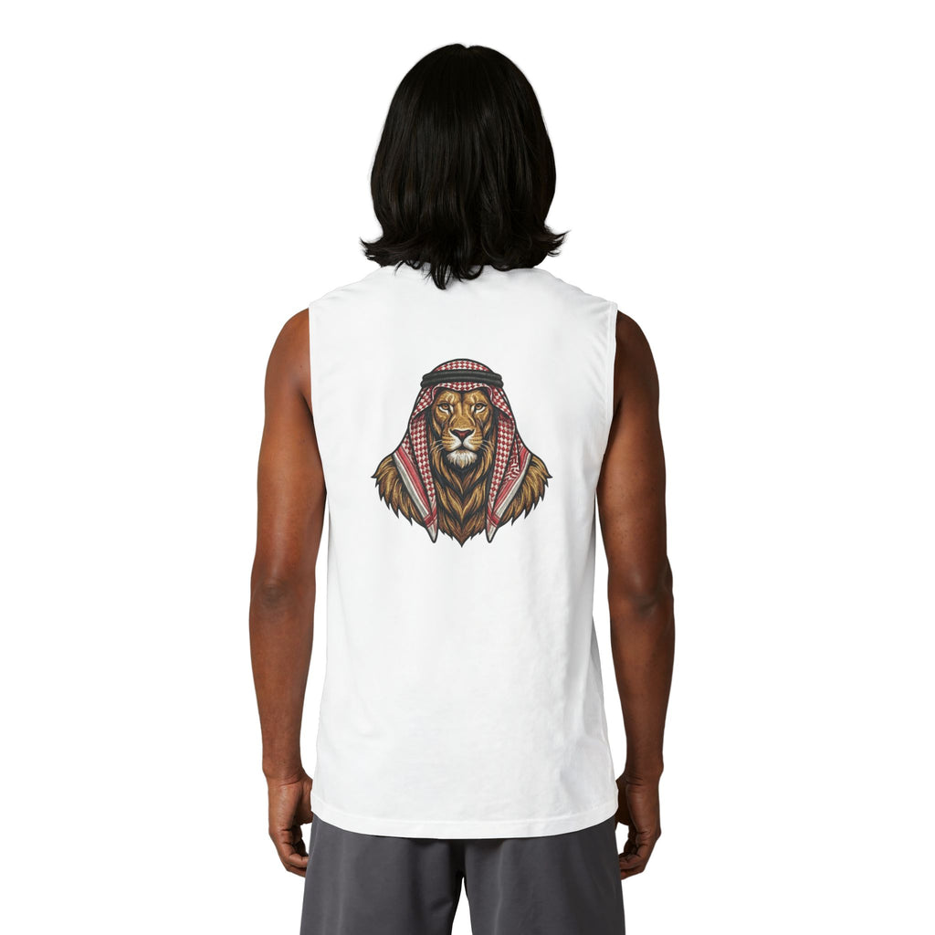 Jordan Football Crest Muscle Tank — Arabic 'الجزيرة' Soccer Emblem with Lion Back Graphic