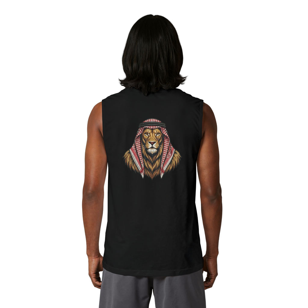Jordan Football Crest Muscle Tank — Arabic 'الجزيرة' Soccer Emblem with Lion Back Graphic