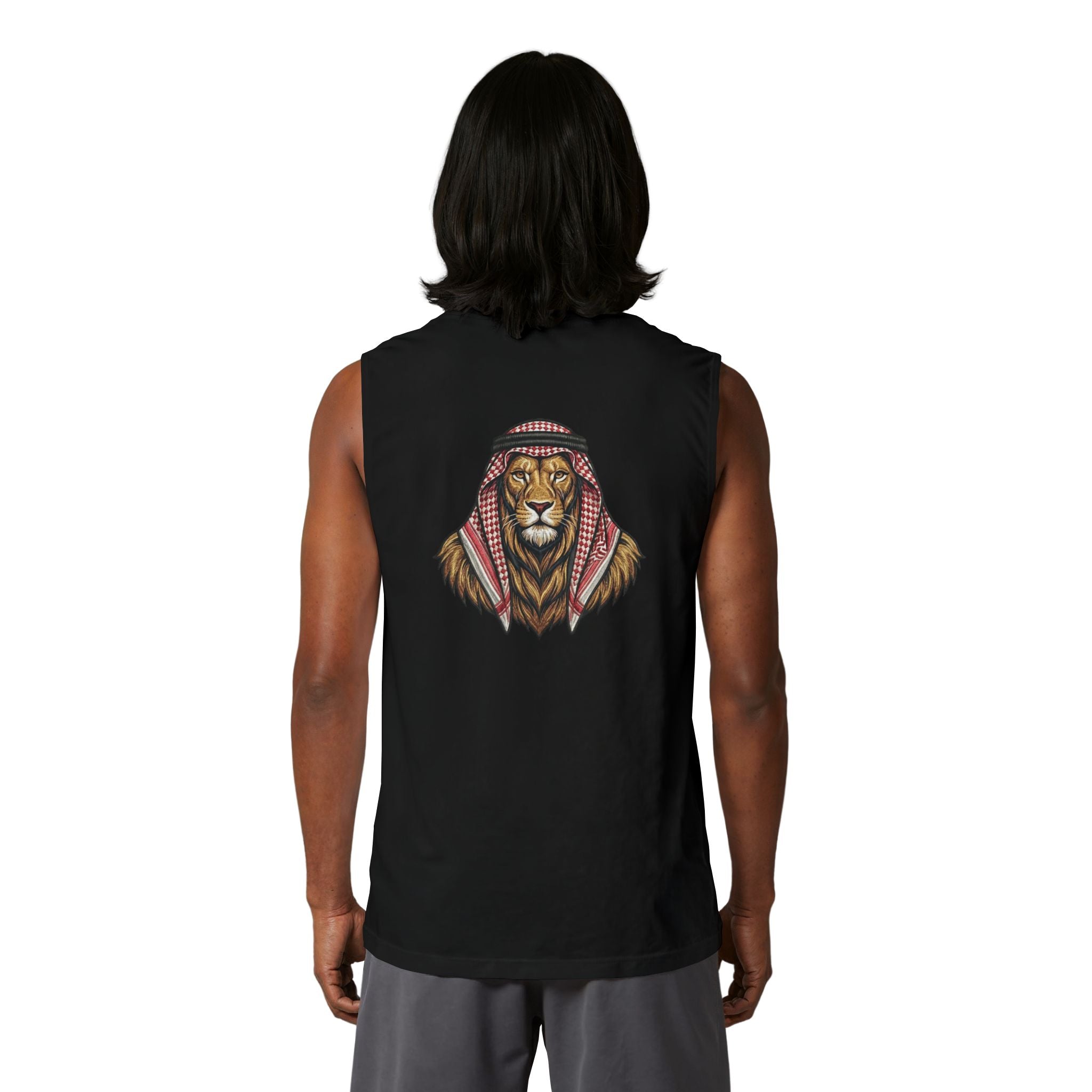 Jordan Football Crest Muscle Tank — Arabic 'الجزيرة' Soccer Emblem with Lion Back Graphic