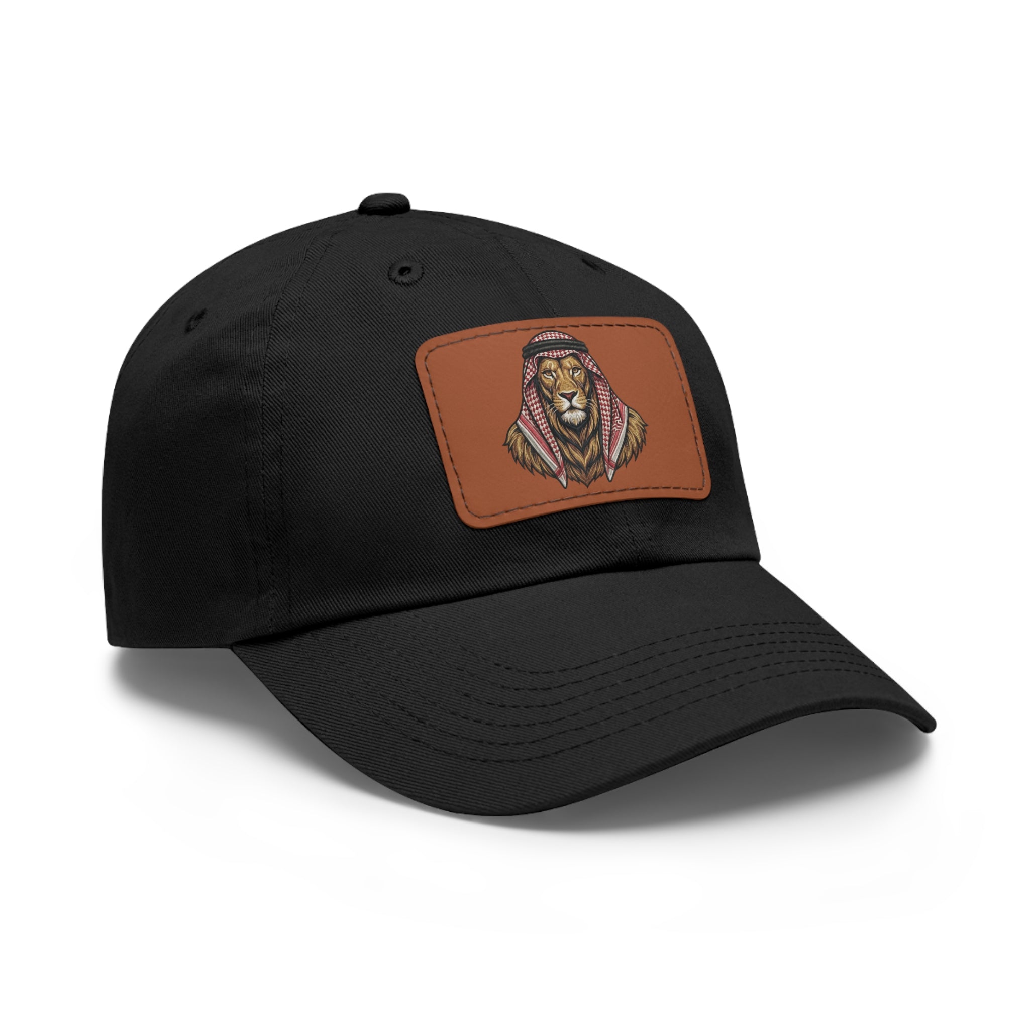 Lion in Keffiyeh Leather Patch Dad Hat — Cozy Desert Vibes, Gift for Him