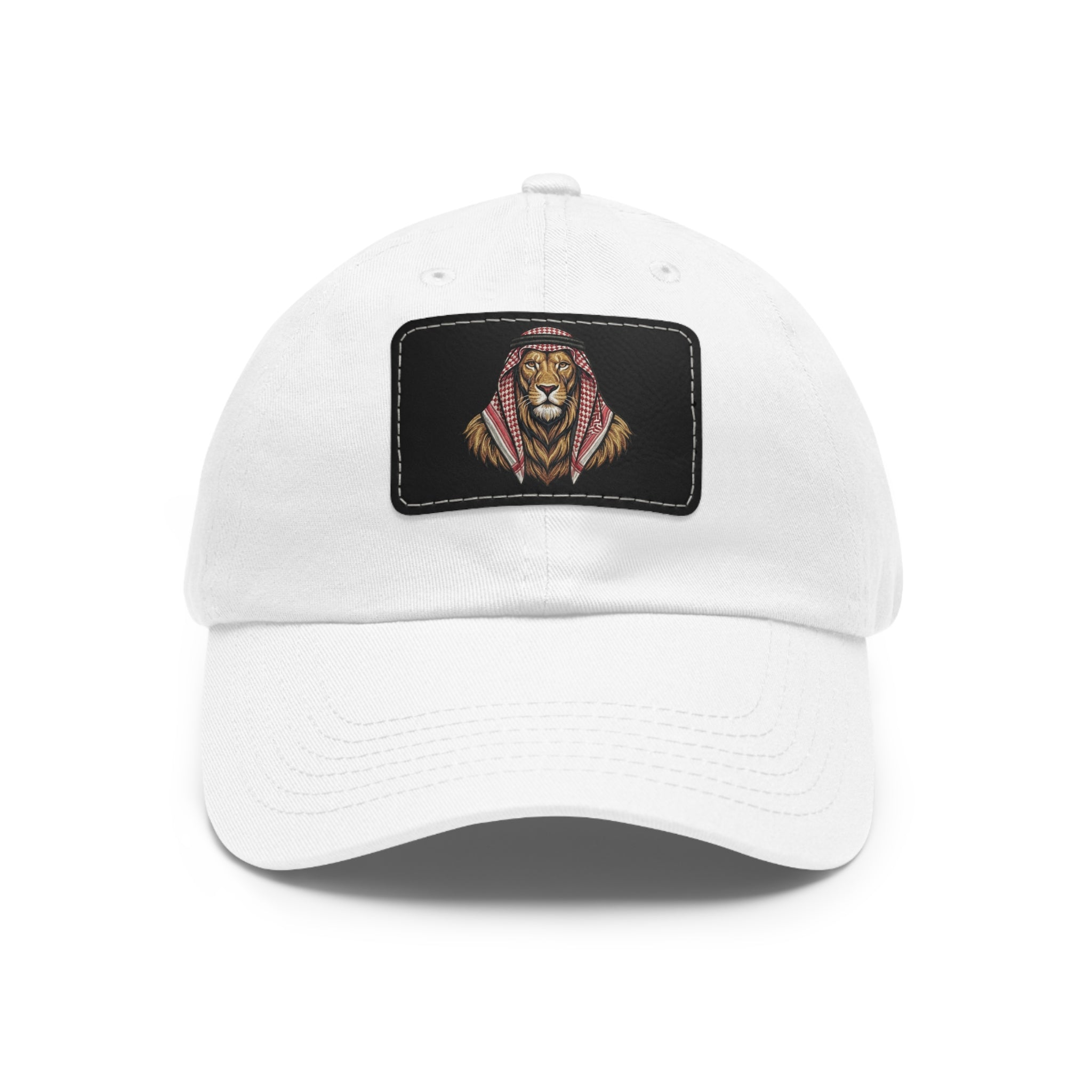 Lion in Keffiyeh Leather Patch Dad Hat — Cozy Desert Vibes, Gift for Him