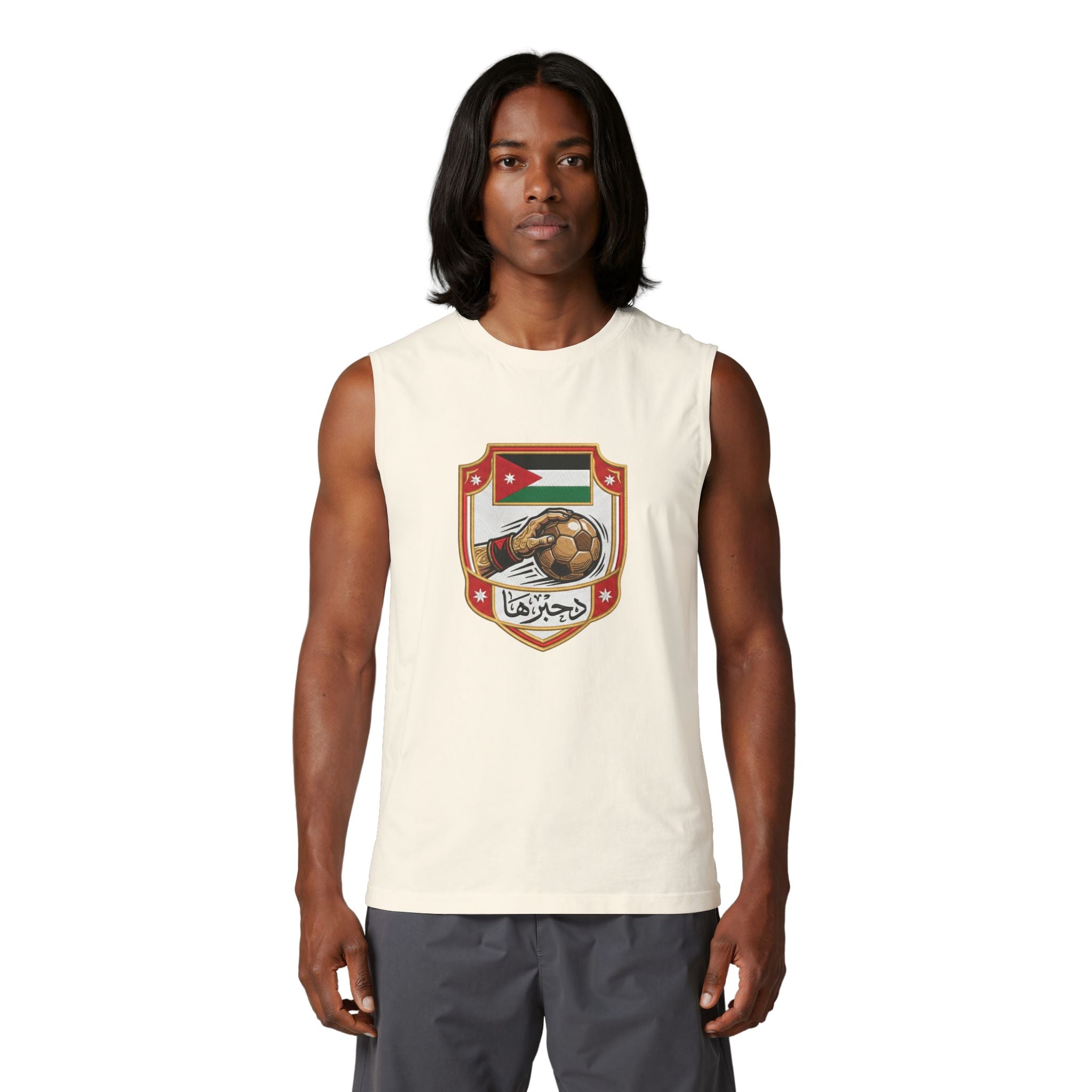 Jordan Football Crest Muscle Tank — Arabic 'الجزيرة' Soccer Emblem with Lion Back Graphic