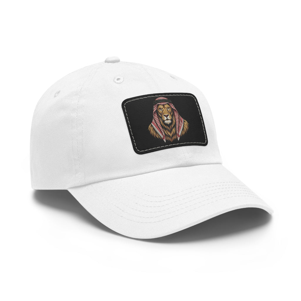 Lion in Keffiyeh Leather Patch Dad Hat — Cozy Desert Vibes, Gift for Him