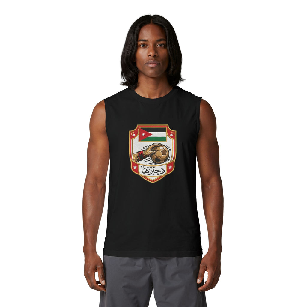 Jordan Football Crest Muscle Tank — Arabic 'الجزيرة' Soccer Emblem with Lion Back Graphic