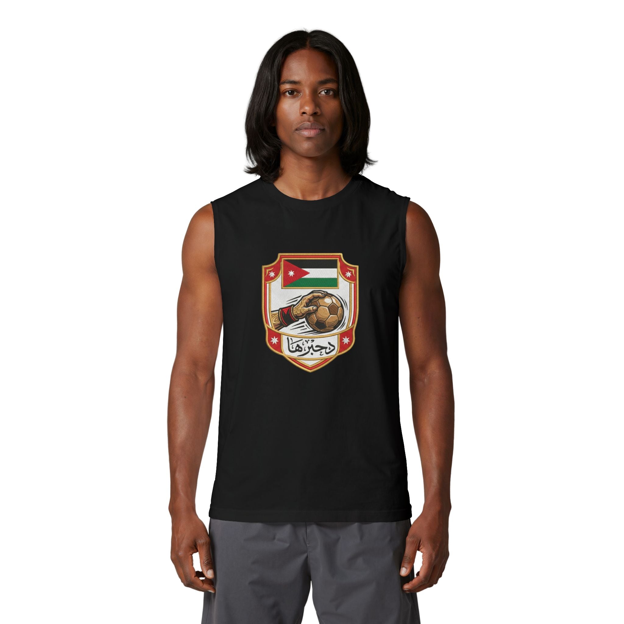 Jordan Football Crest Muscle Tank — Arabic 'الجزيرة' Soccer Emblem with Lion Back Graphic