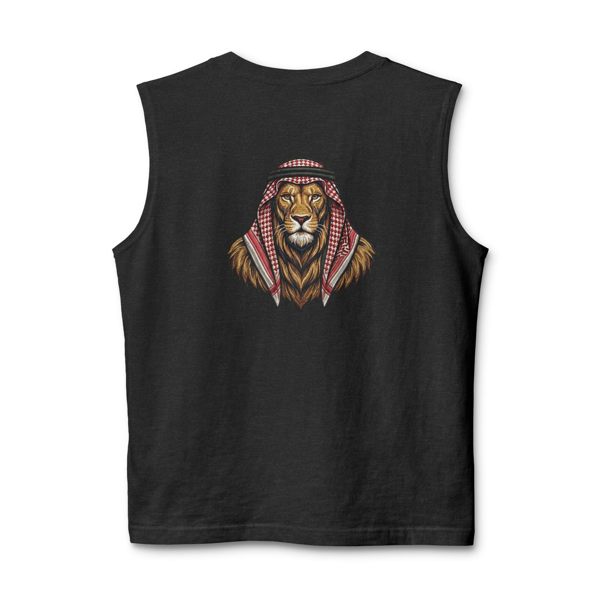 Jordan Football Crest Muscle Tank — Arabic 'الجزيرة' Soccer Emblem with Lion Back Graphic