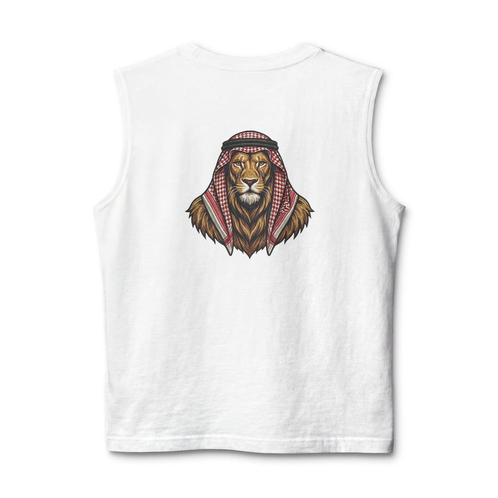 Jordan Football Crest Muscle Tank — Arabic 'الجزيرة' Soccer Emblem with Lion Back Graphic