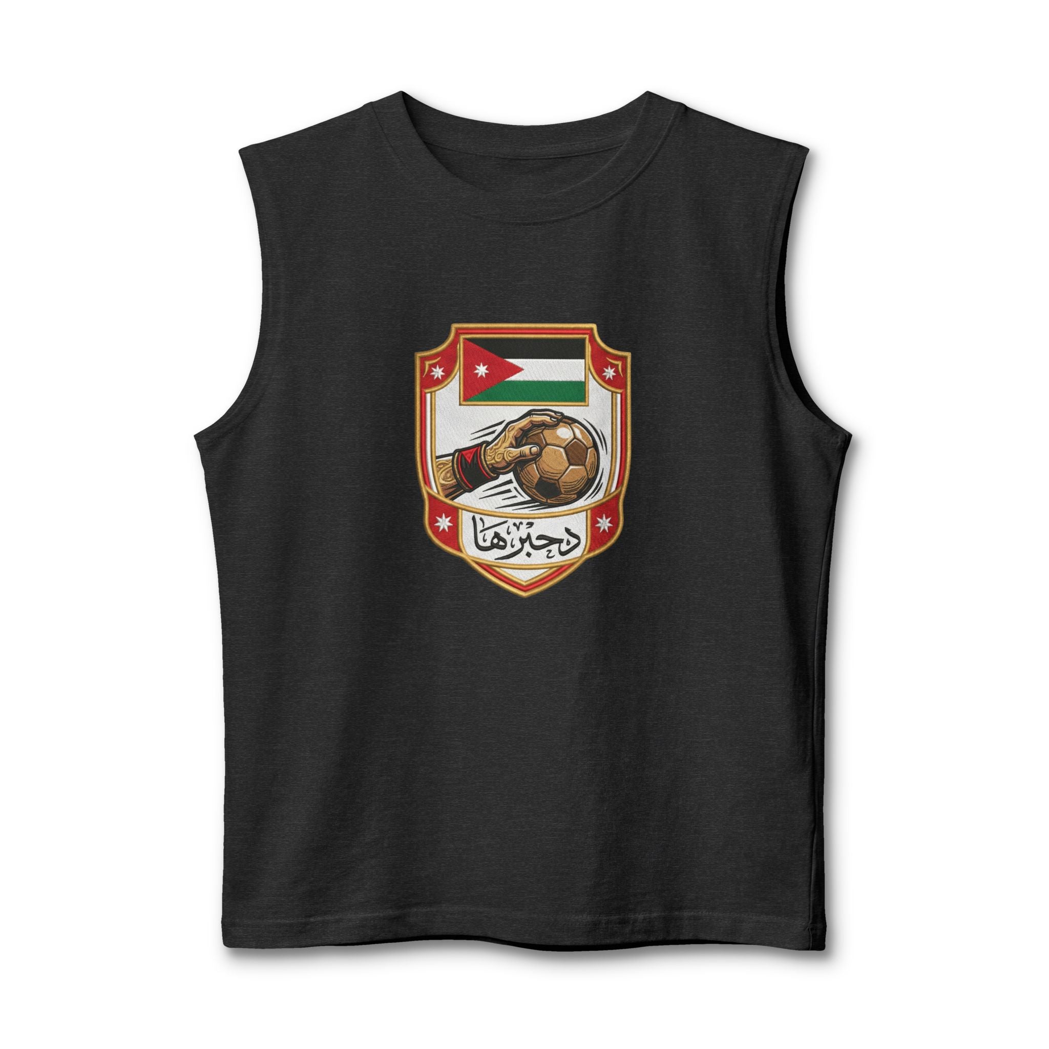 Jordan Football Crest Muscle Tank — Arabic 'الجزيرة' Soccer Emblem with Lion Back Graphic