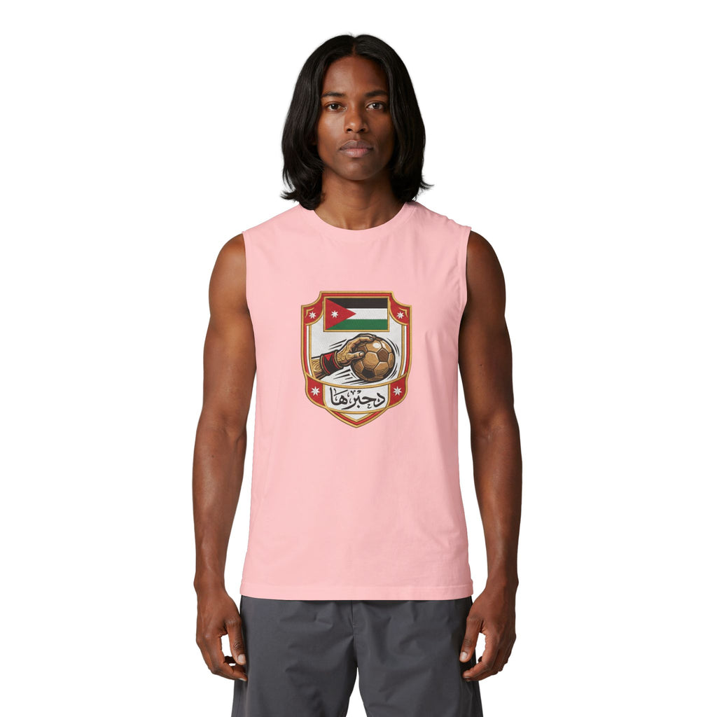 Jordan Football Crest Muscle Tank — Arabic 'الجزيرة' Soccer Emblem with Lion Back Graphic
