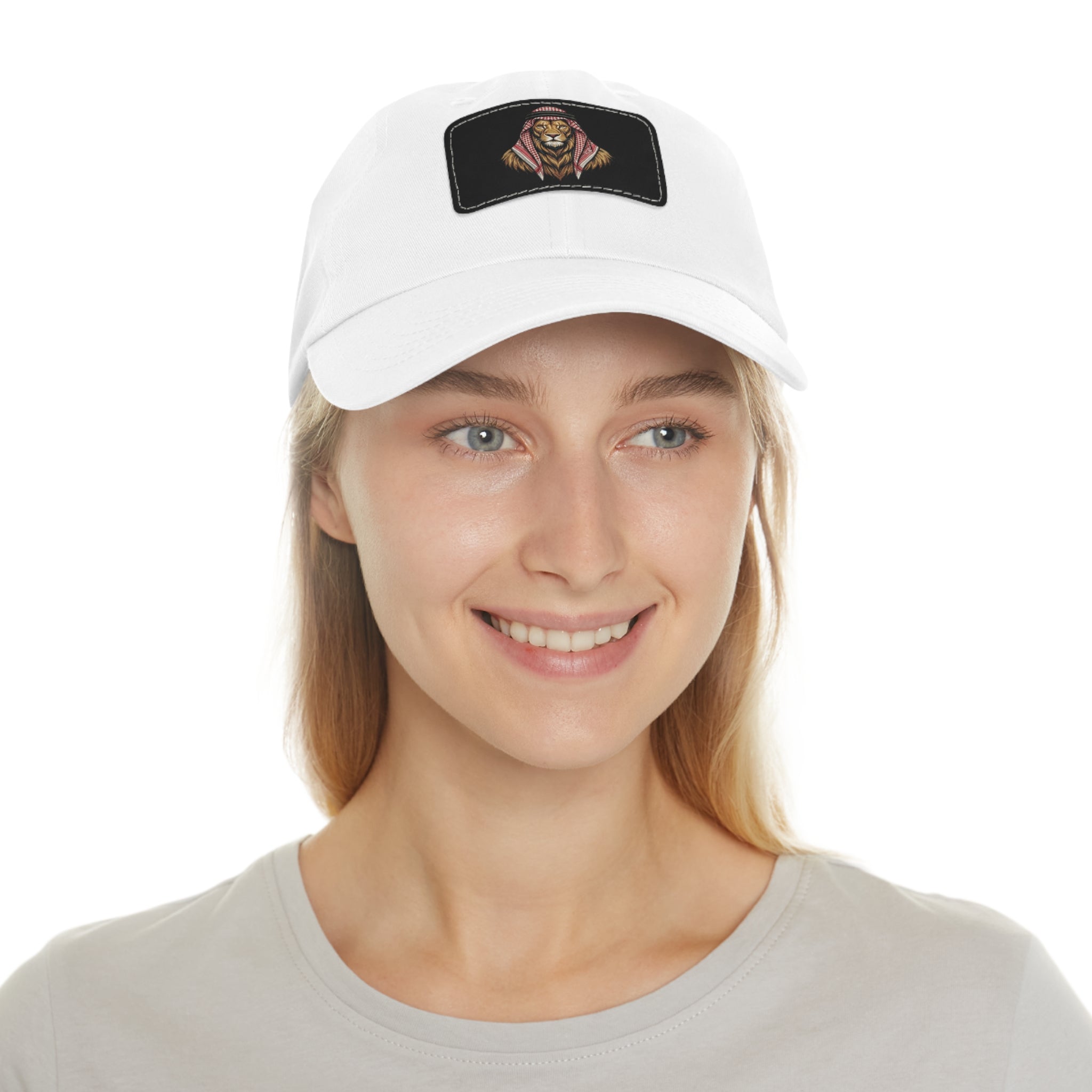 Lion in Keffiyeh Leather Patch Dad Hat — Cozy Desert Vibes, Gift for Him