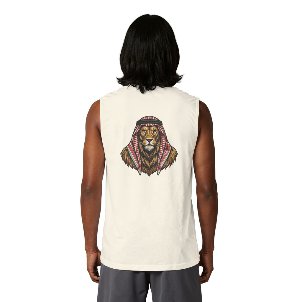 Jordan Football Crest Muscle Tank — Arabic 'الجزيرة' Soccer Emblem with Lion Back Graphic