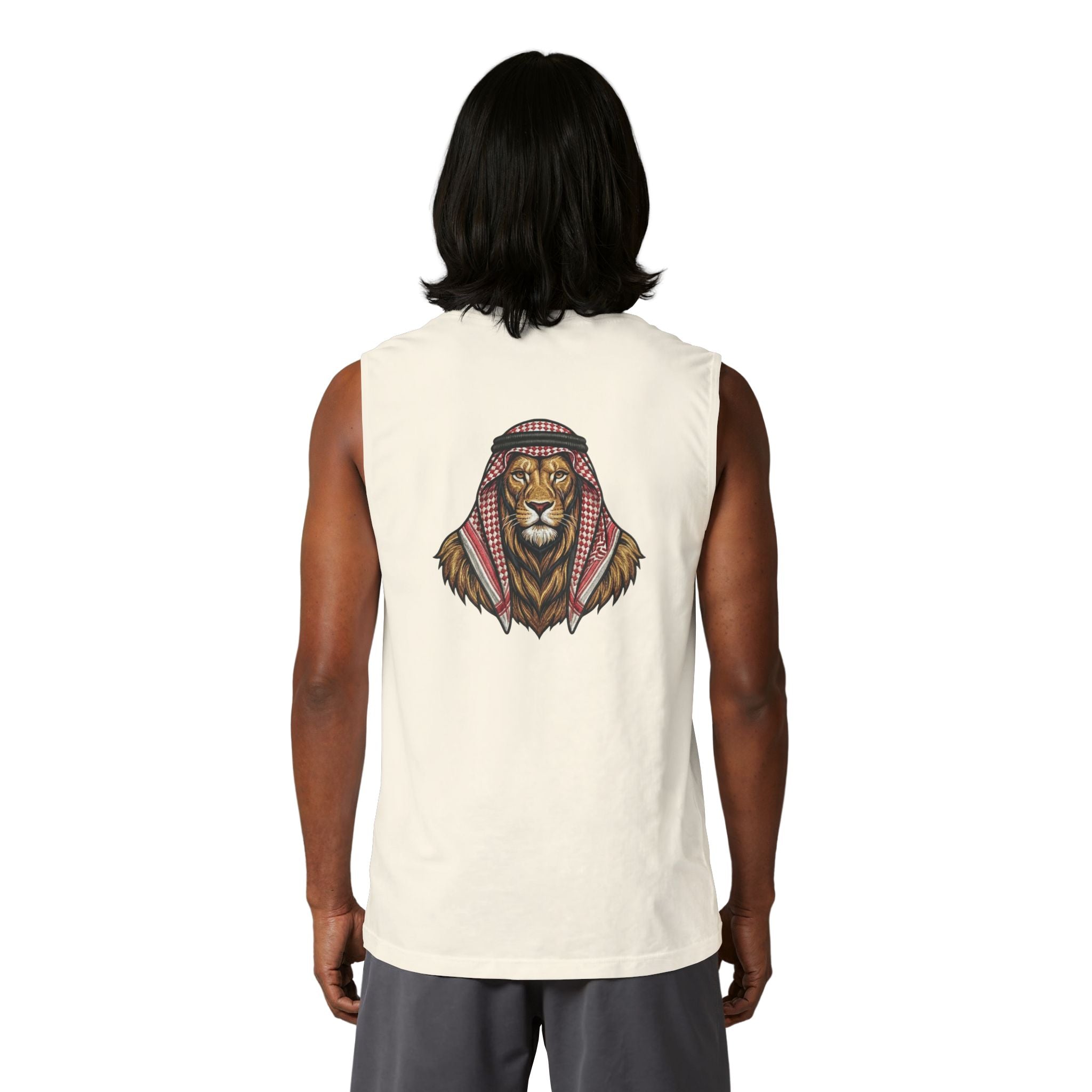 Jordan Football Crest Muscle Tank — Arabic 'الجزيرة' Soccer Emblem with Lion Back Graphic