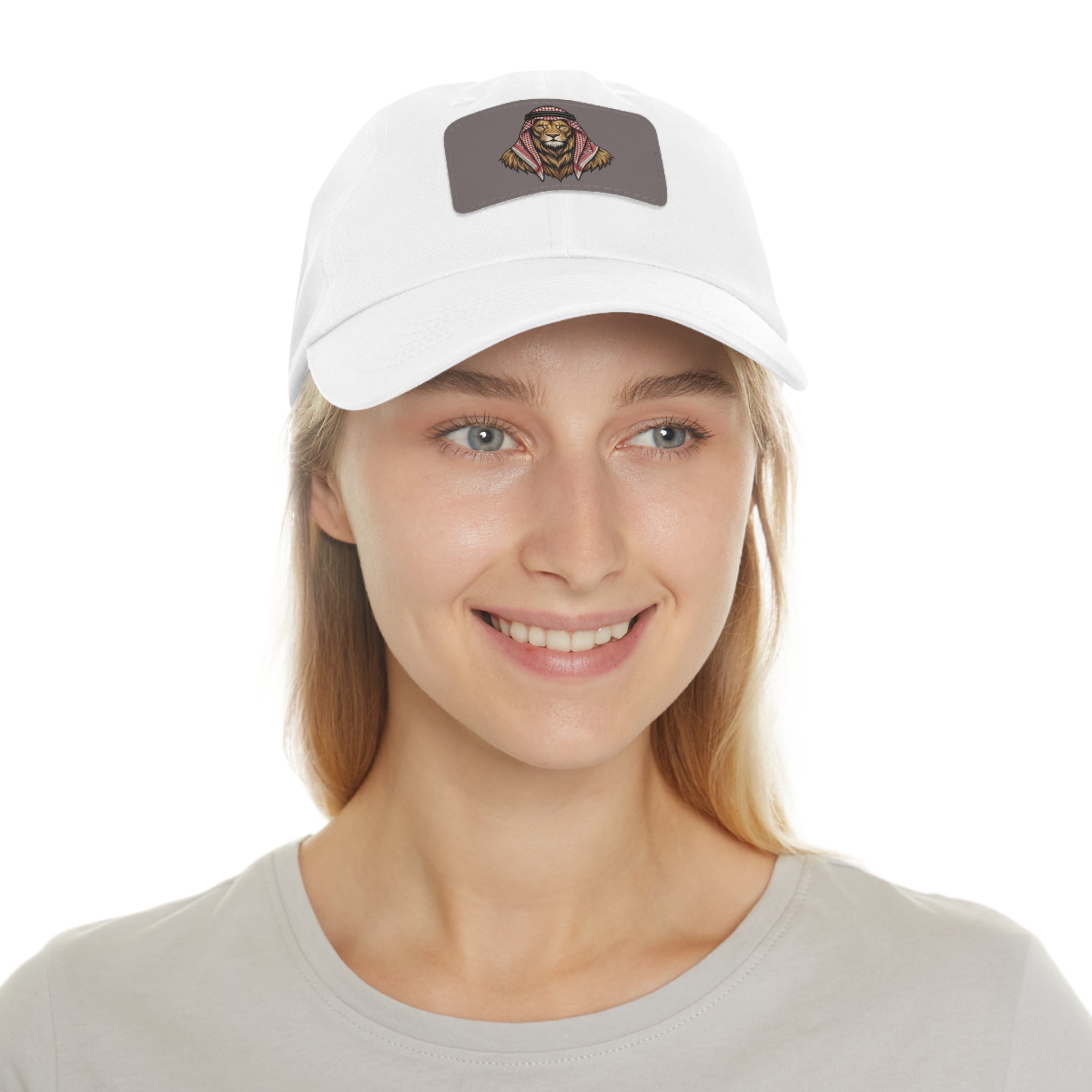 Lion in Keffiyeh Leather Patch Dad Hat — Cozy Desert Vibes, Gift for Him