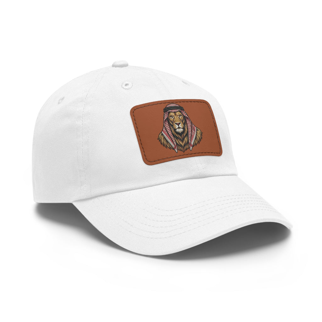 Lion in Keffiyeh Leather Patch Dad Hat — Cozy Desert Vibes, Gift for Him