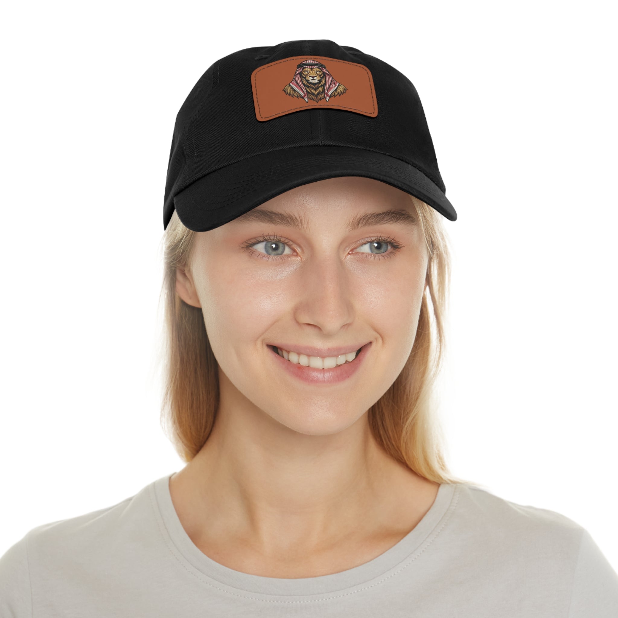 Lion in Keffiyeh Leather Patch Dad Hat — Cozy Desert Vibes, Gift for Him