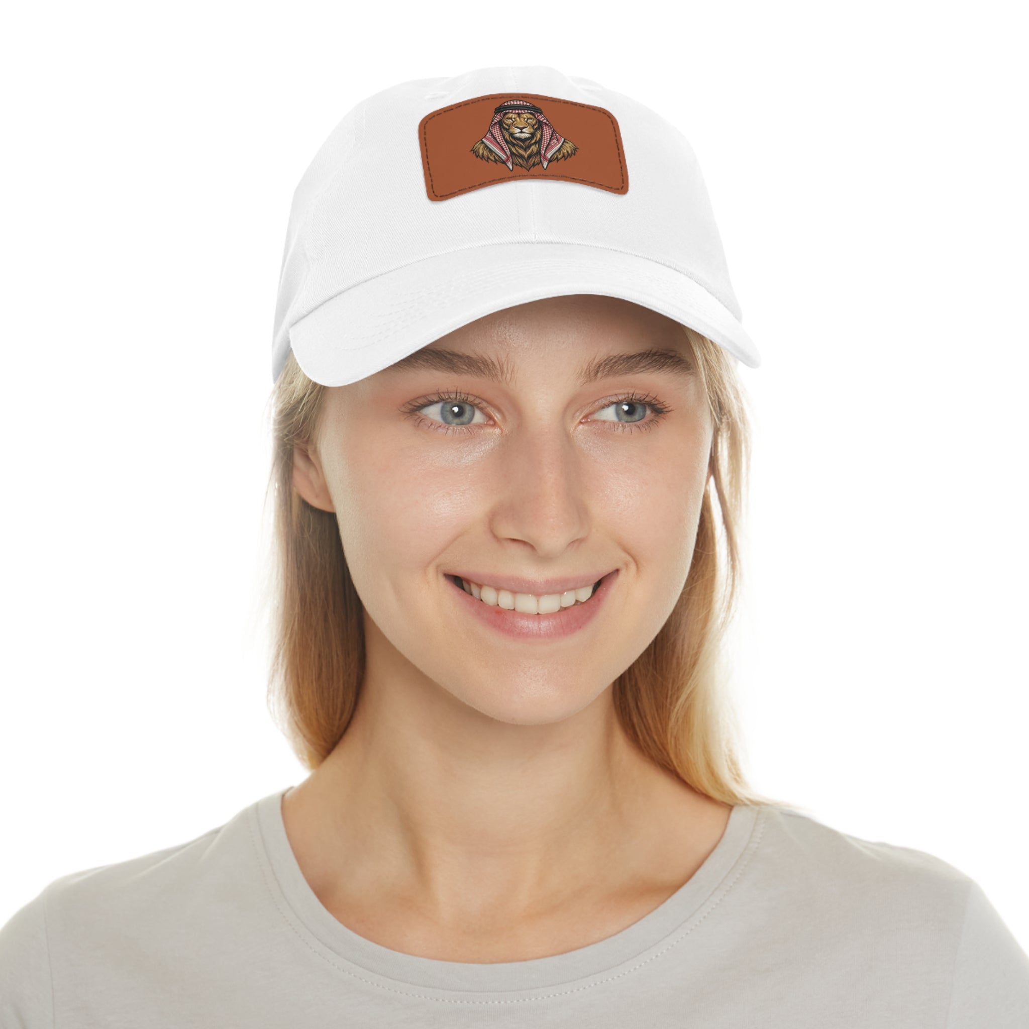 Lion in Keffiyeh Leather Patch Dad Hat — Cozy Desert Vibes, Gift for Him
