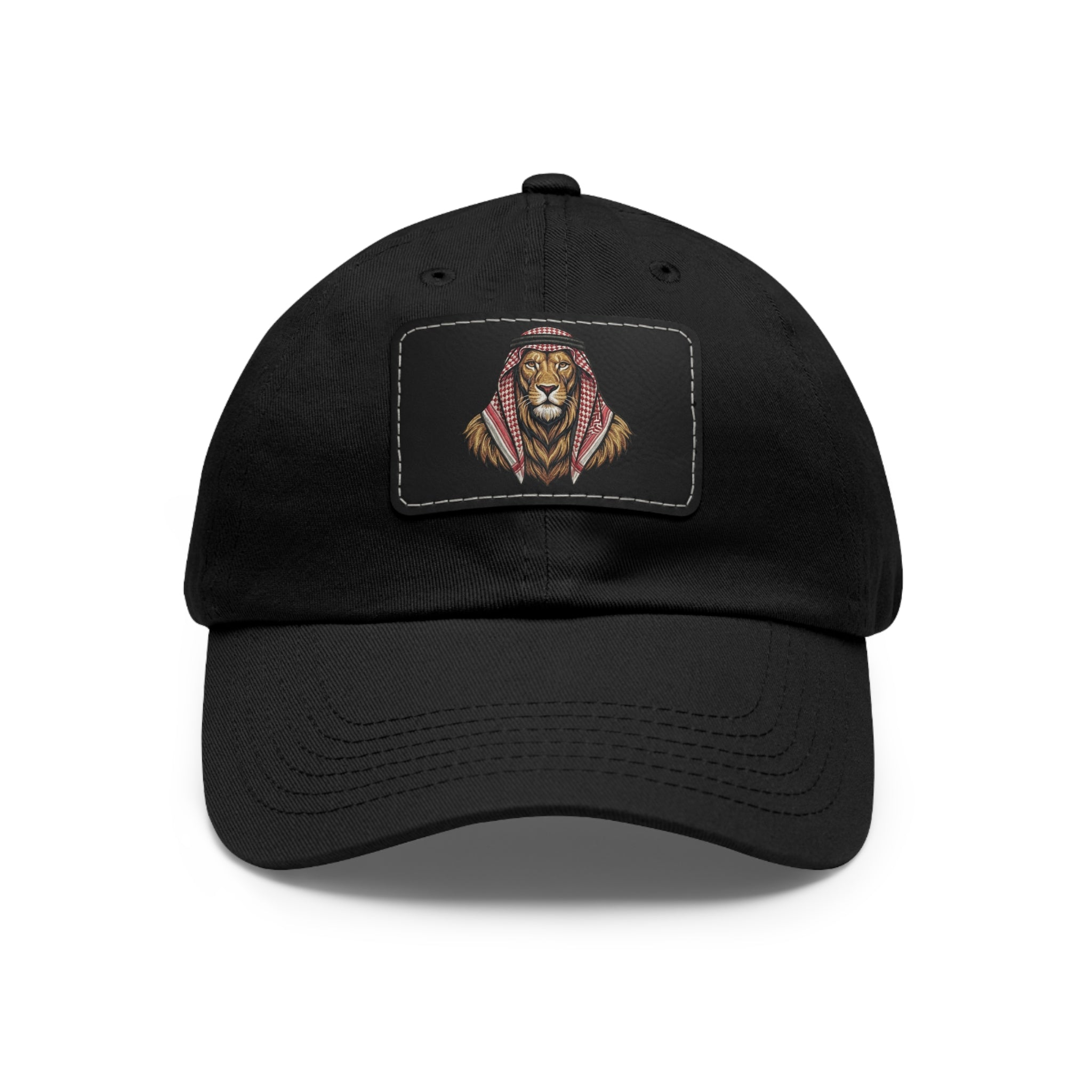Lion in Keffiyeh Leather Patch Dad Hat — Cozy Desert Vibes, Gift for Him