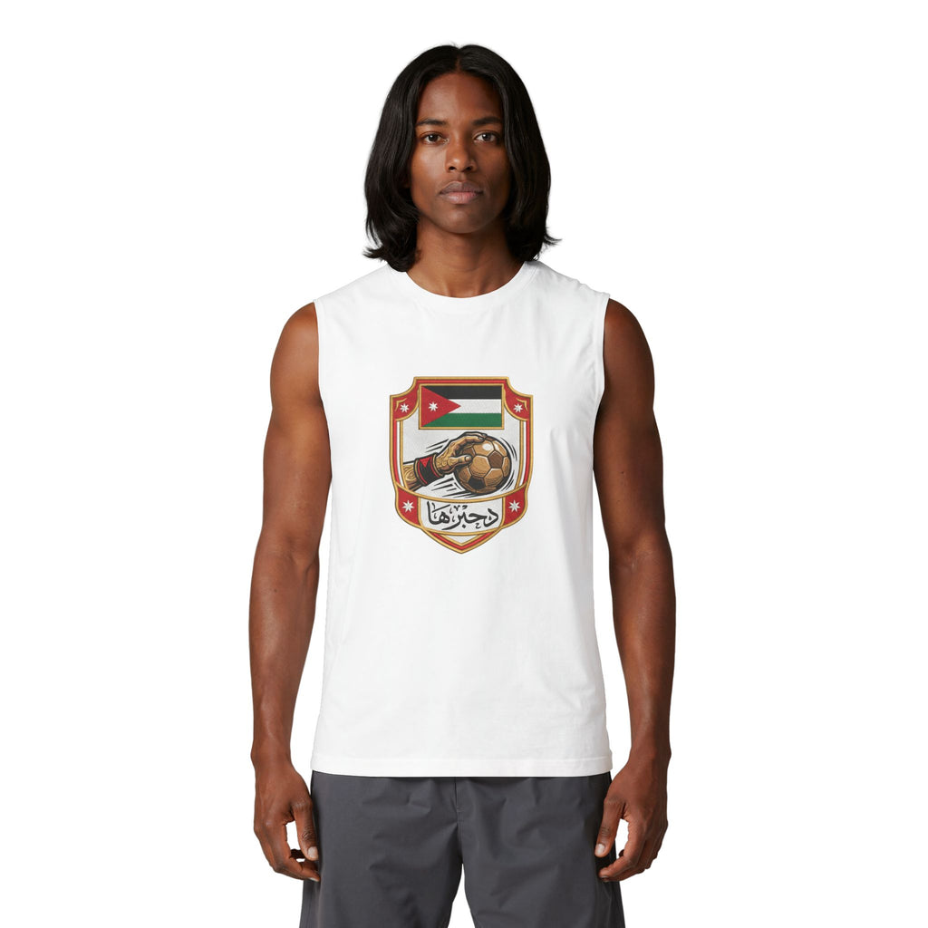 Jordan Football Crest Muscle Tank — Arabic 'الجزيرة' Soccer Emblem with Lion Back Graphic
