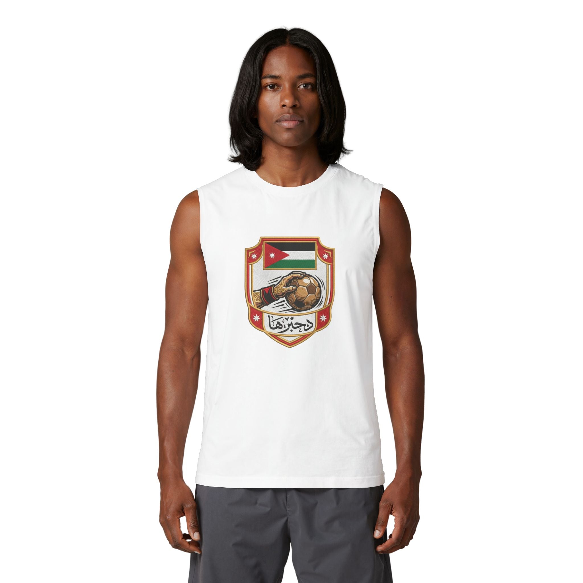 Jordan Football Crest Muscle Tank — Arabic 'الجزيرة' Soccer Emblem with Lion Back Graphic