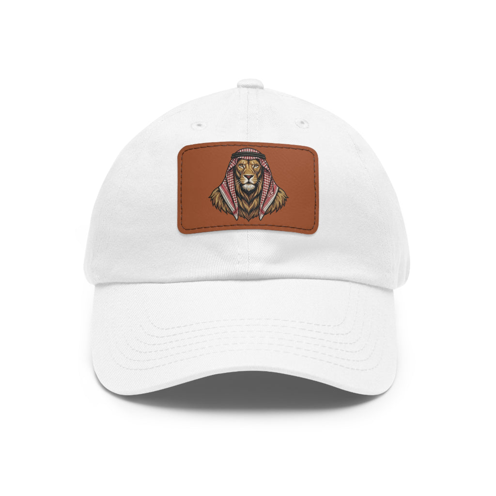 Lion in Keffiyeh Leather Patch Dad Hat — Cozy Desert Vibes, Gift for Him
