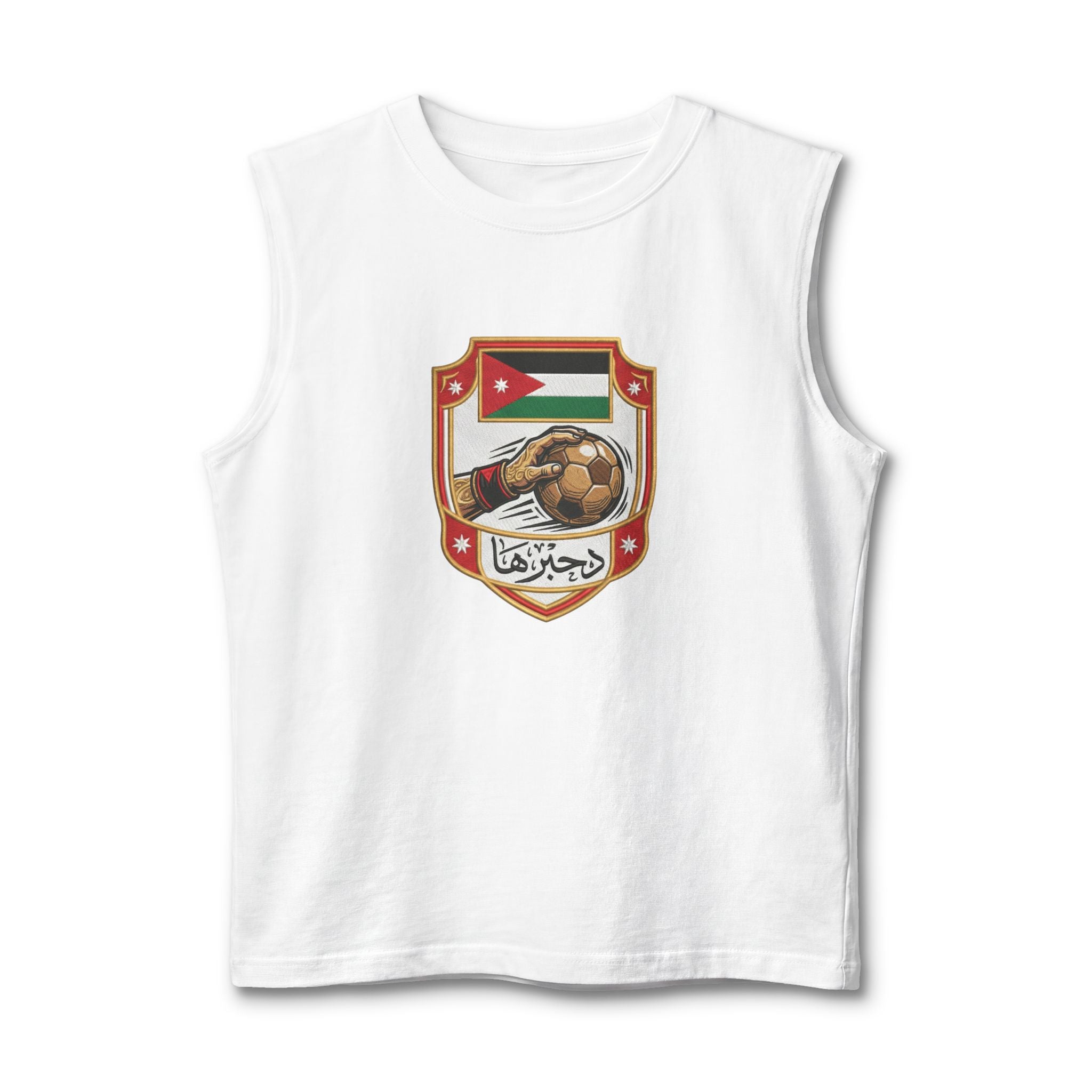 Jordan Football Crest Muscle Tank — Arabic 'الجزيرة' Soccer Emblem with Lion Back Graphic