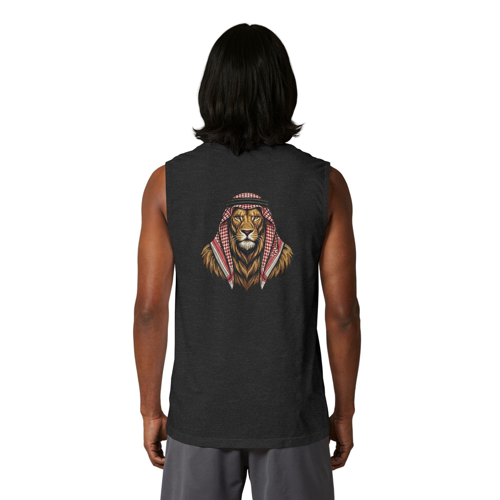 Jordan Football Crest Muscle Tank — Arabic 'الجزيرة' Soccer Emblem with Lion Back Graphic