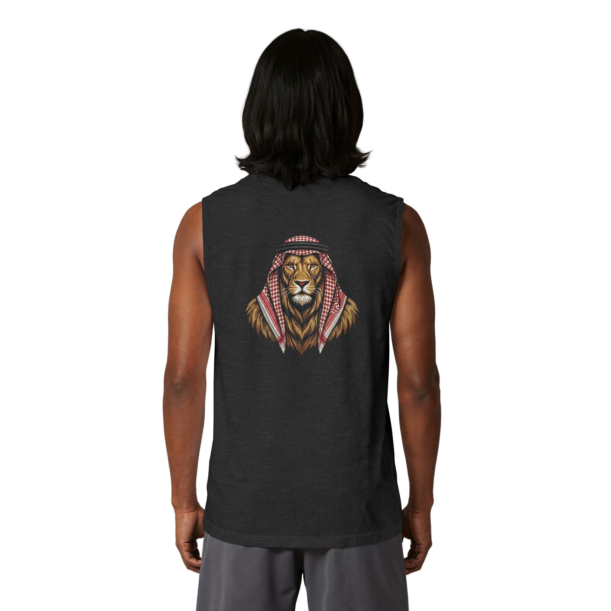 Jordan Football Crest Muscle Tank — Arabic 'الجزيرة' Soccer Emblem with Lion Back Graphic