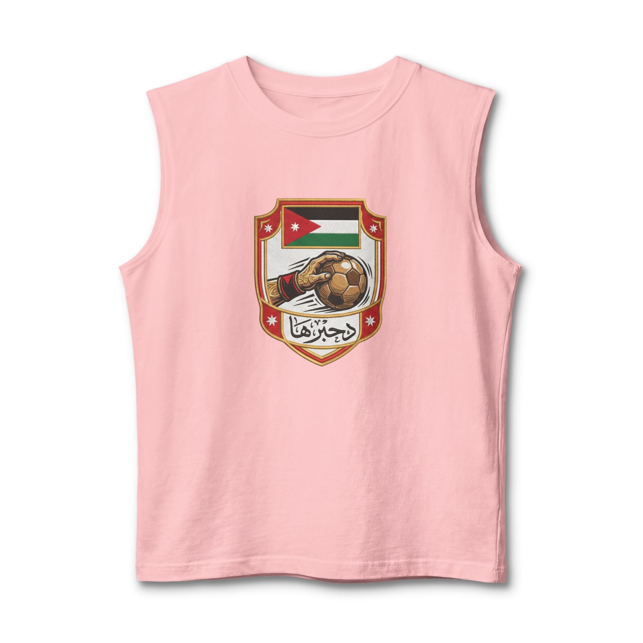Jordan Football Crest Muscle Tank — Arabic 'الجزيرة' Soccer Emblem with Lion Back Graphic