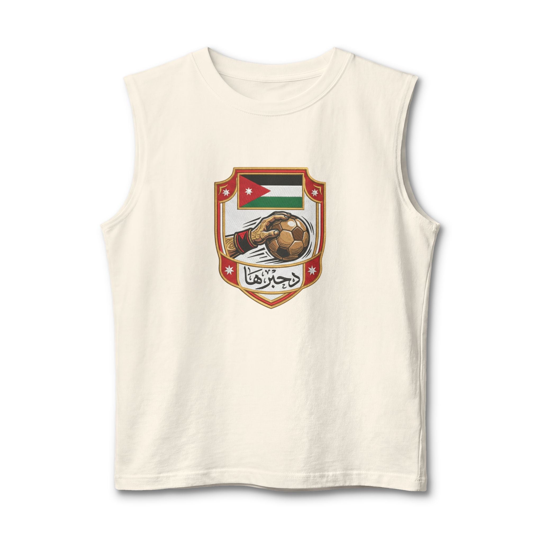 Jordan Football Crest Muscle Tank — Arabic 'الجزيرة' Soccer Emblem with Lion Back Graphic