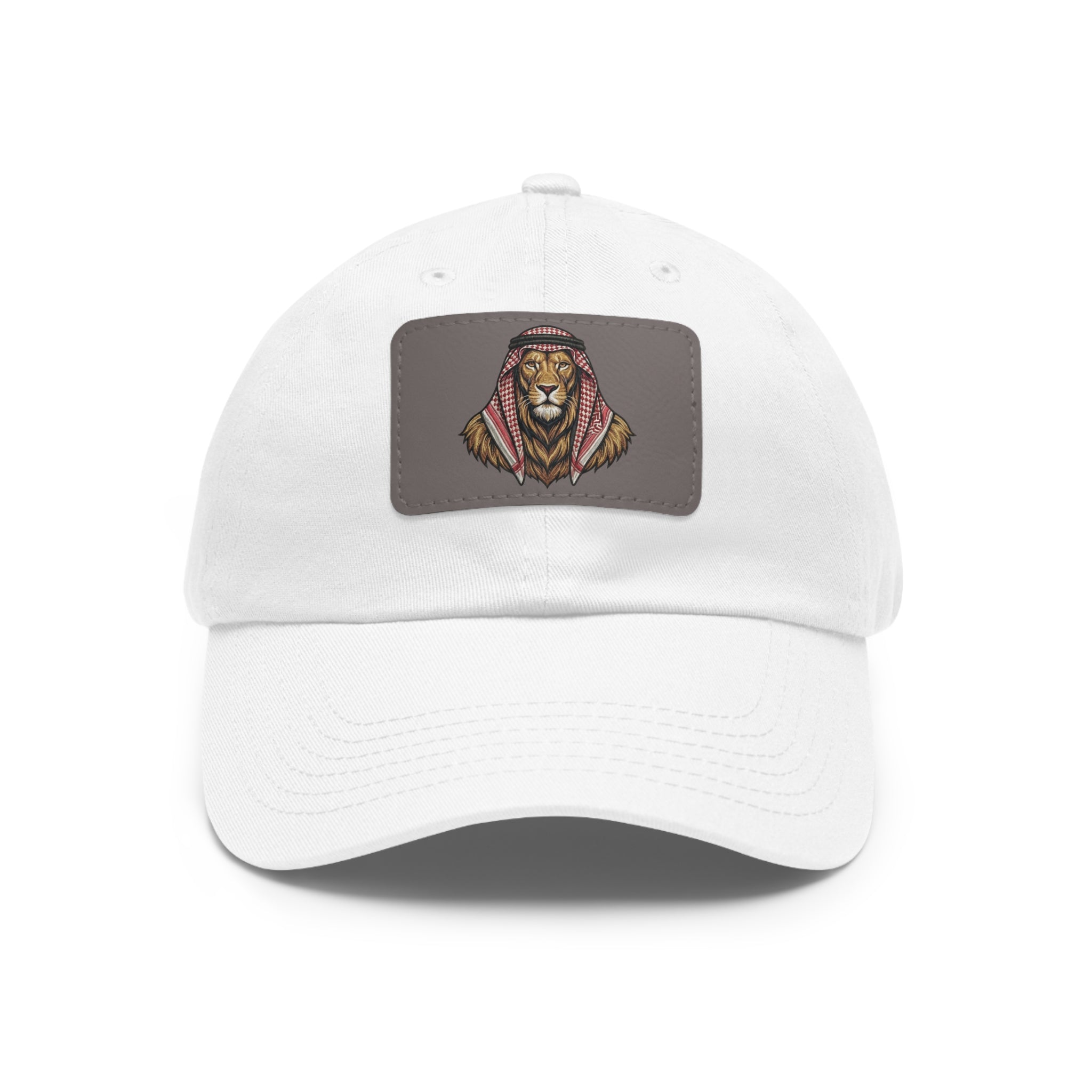 Lion in Keffiyeh Leather Patch Dad Hat — Cozy Desert Vibes, Gift for Him