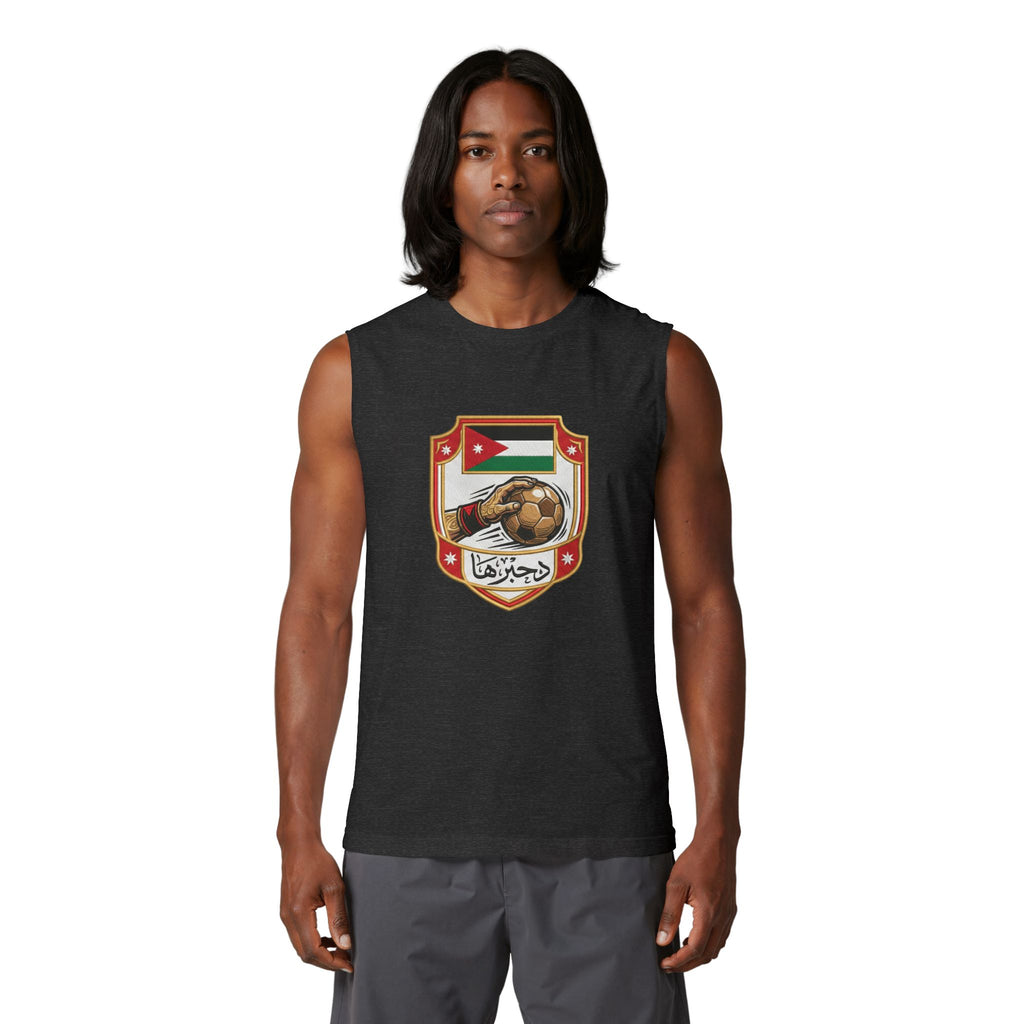 Jordan Football Crest Muscle Tank — Arabic 'الجزيرة' Soccer Emblem with Lion Back Graphic