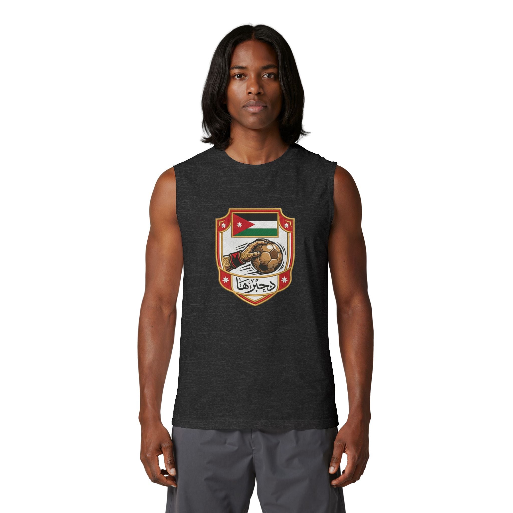 Jordan Football Crest Muscle Tank — Arabic 'الجزيرة' Soccer Emblem with Lion Back Graphic