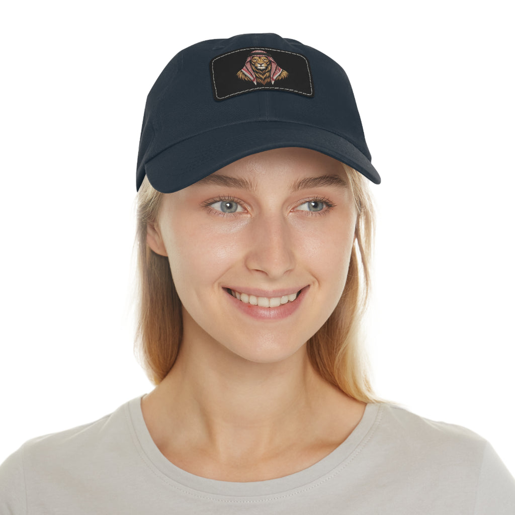 Lion in Keffiyeh Leather Patch Dad Hat — Cozy Desert Vibes, Gift for Him
