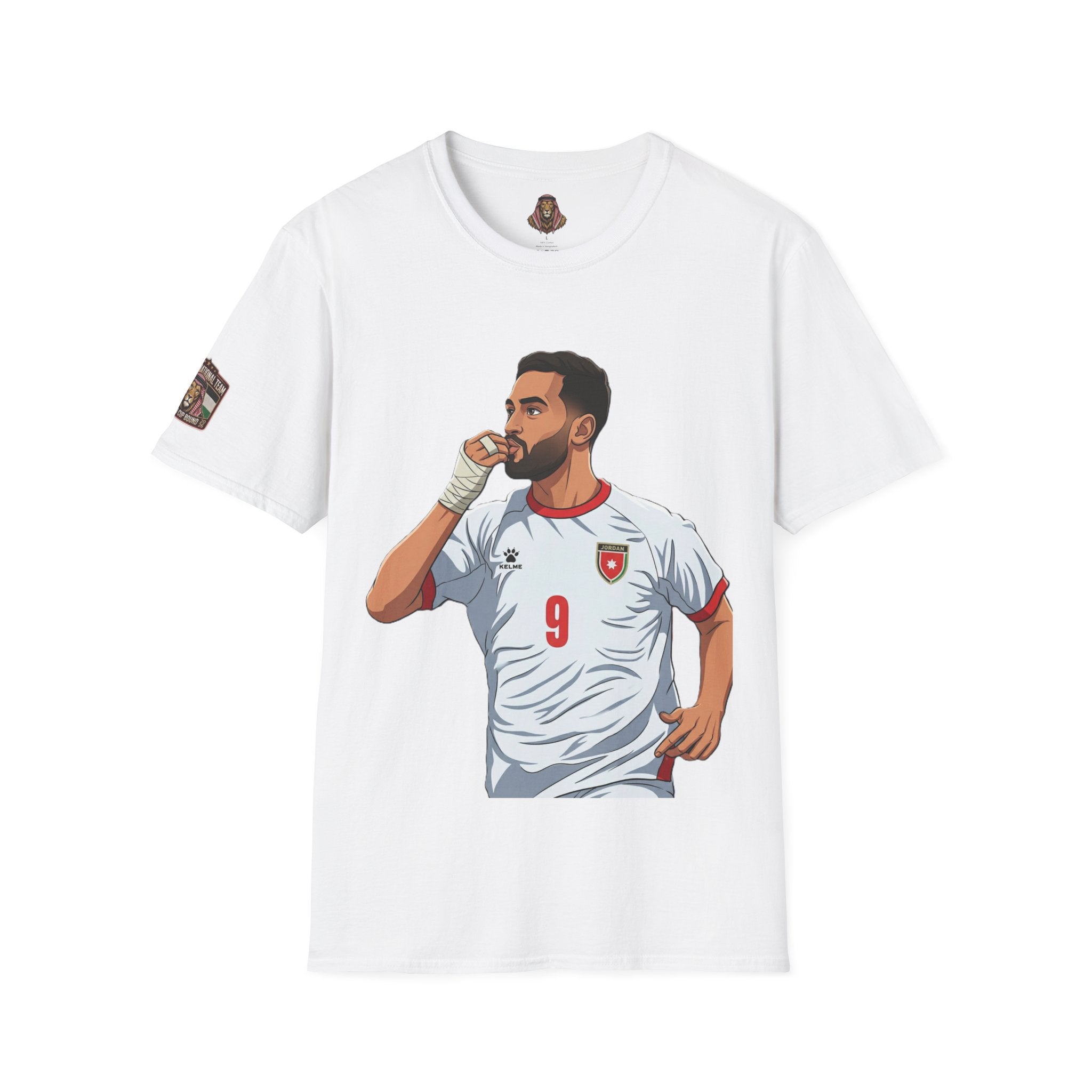 Soccer King T-Shirt — Lion with Shemagh & #9 Footballer Graphic Tee