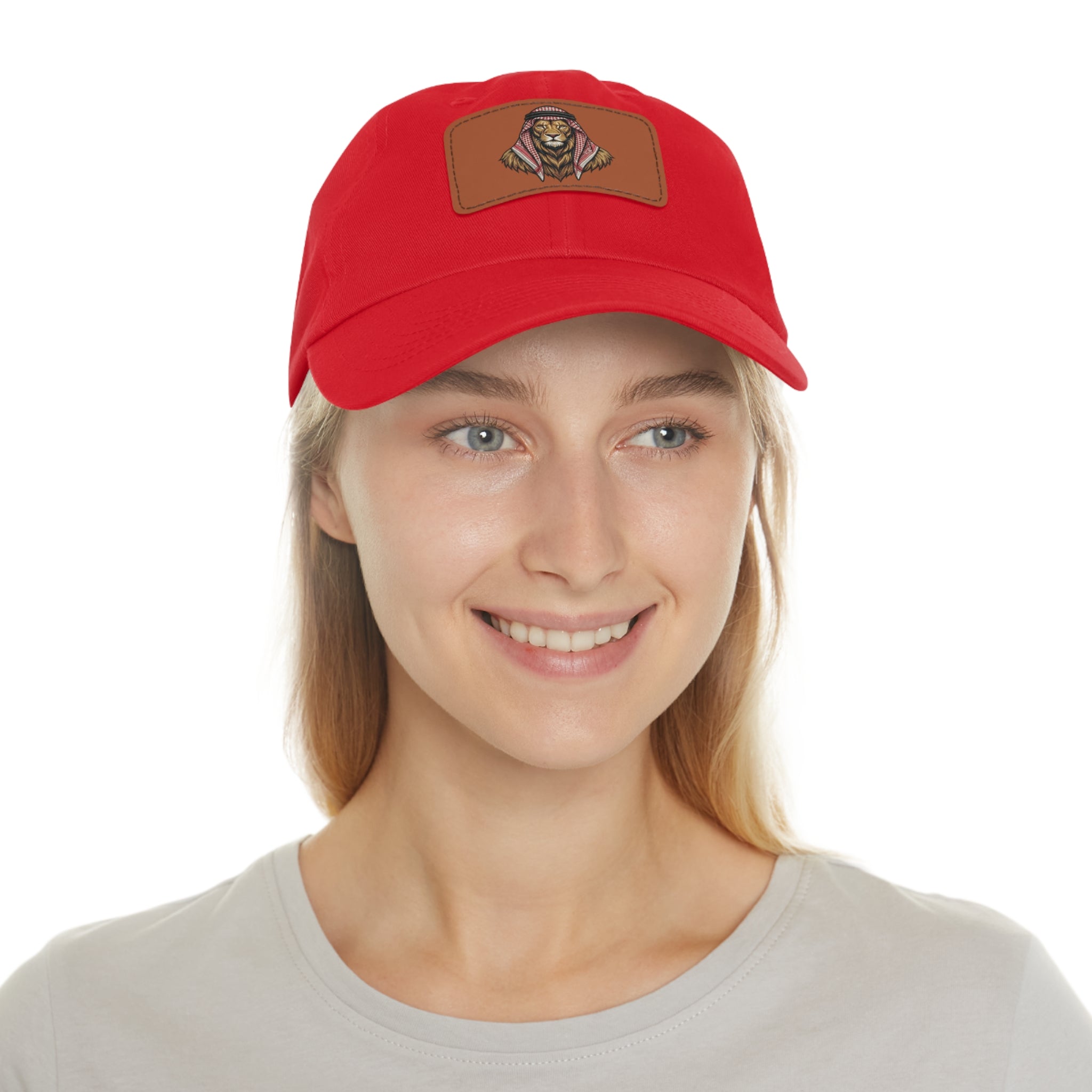 Lion in Keffiyeh Leather Patch Dad Hat — Cozy Desert Vibes, Gift for Him