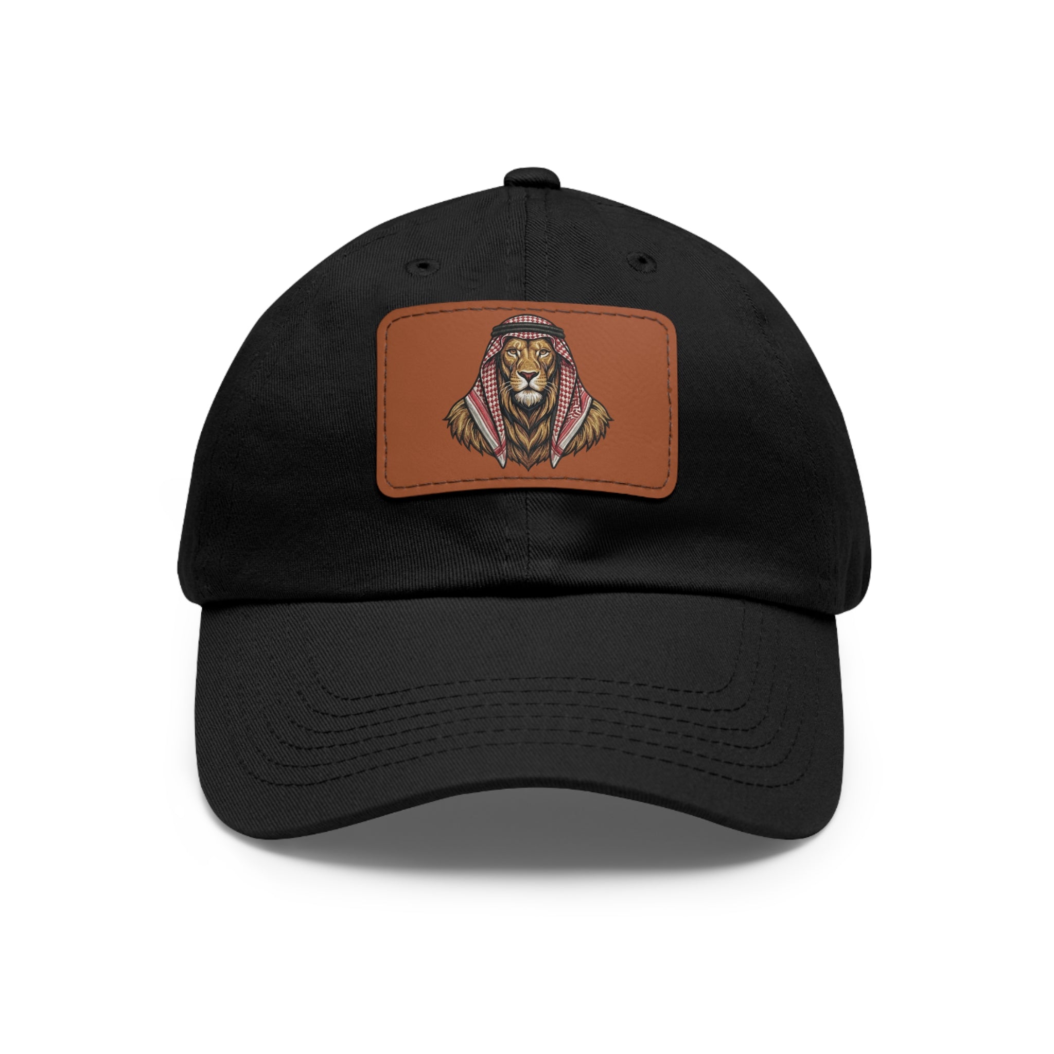 Lion in Keffiyeh Leather Patch Dad Hat — Cozy Desert Vibes, Gift for Him